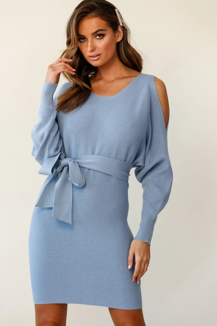 Sorry, Honey Cold Shoulder Knit Dress Midnight Blue