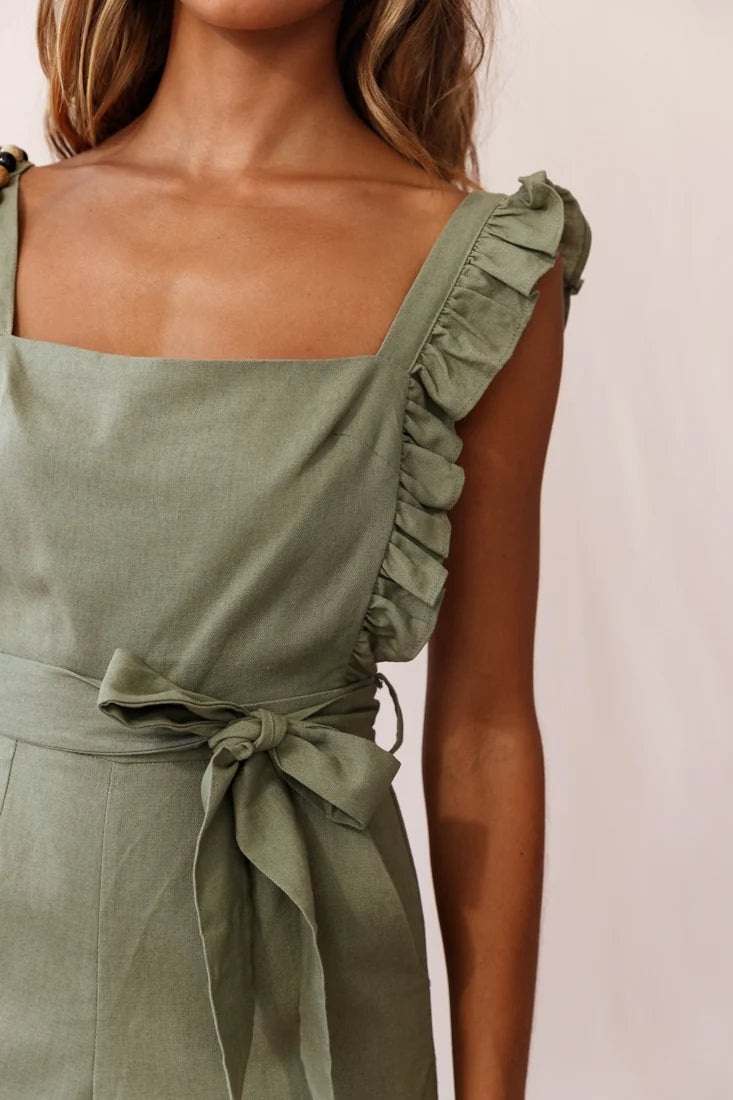 Serenade Ruffle Strap Pinafore Jumpsuit Olive
