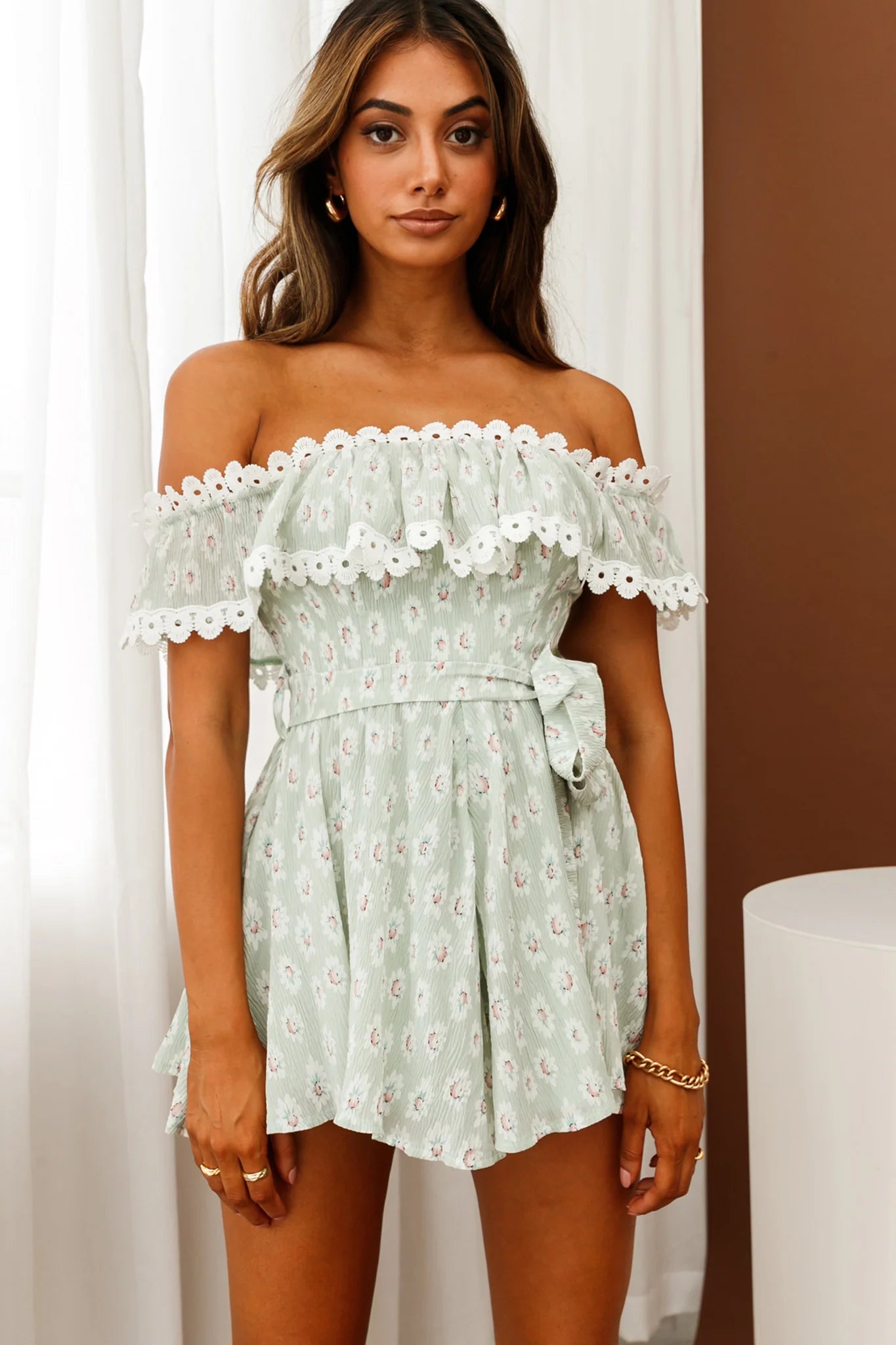 Jalisco Off-Shoulder Waist Tie Romper Floral Print Sage/White