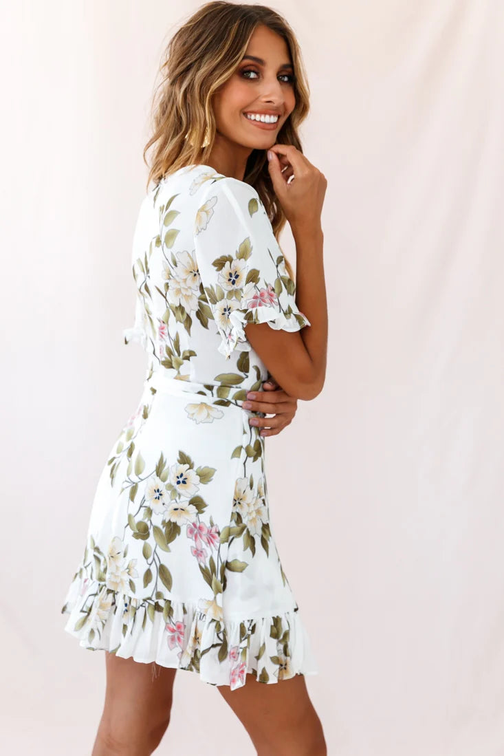 Omara Floral Wrap Ruffle Trim Dress White