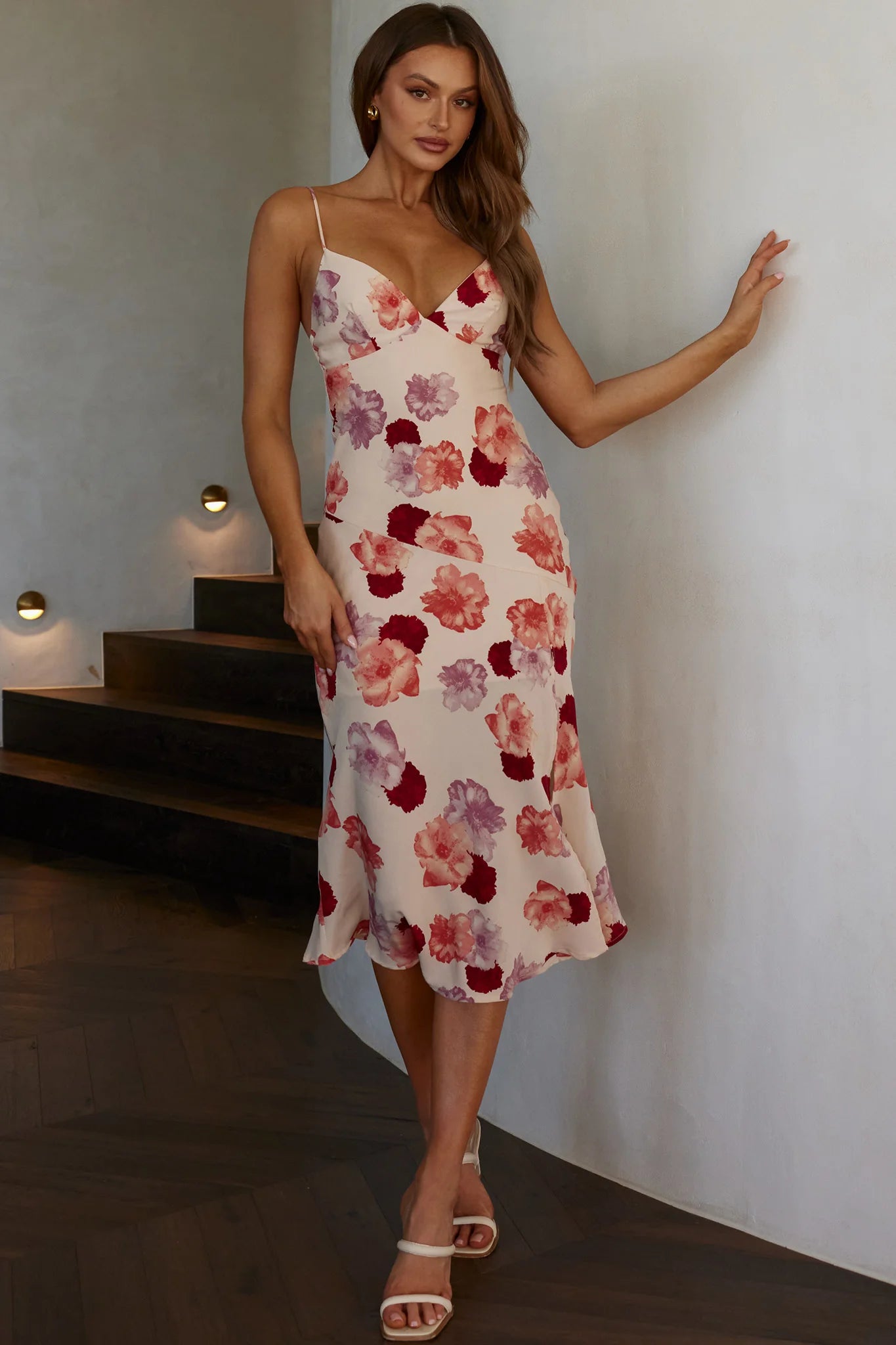 Downtown Cami Strap Front Split Midi Dress Flower Rose