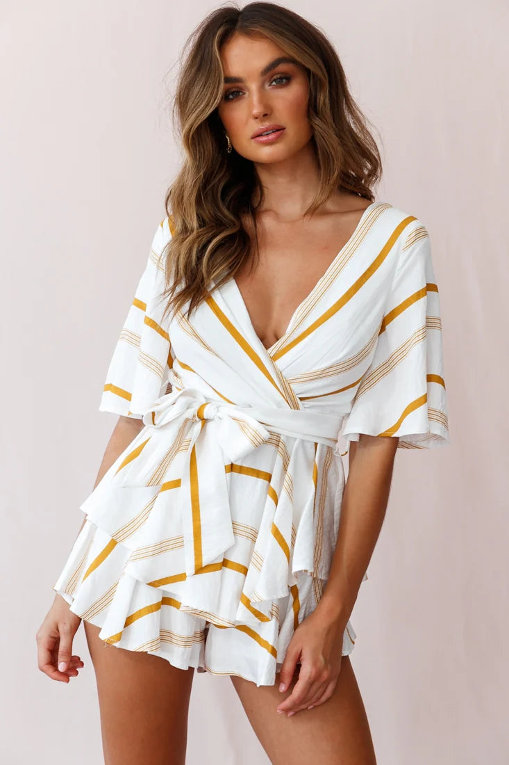 Happy Hour Deep V-Neckline Open Back Romper Stripe Print Mustard