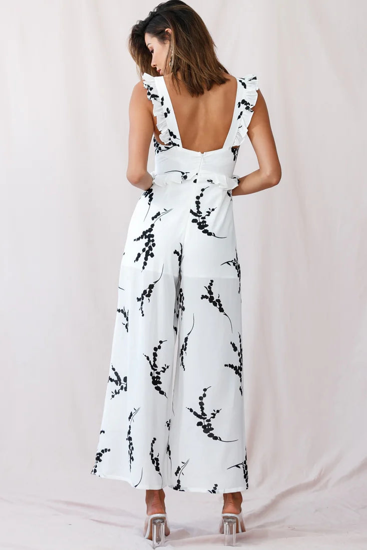Azure Frill Strap Wide Leg Jumpsuit Floral Print White