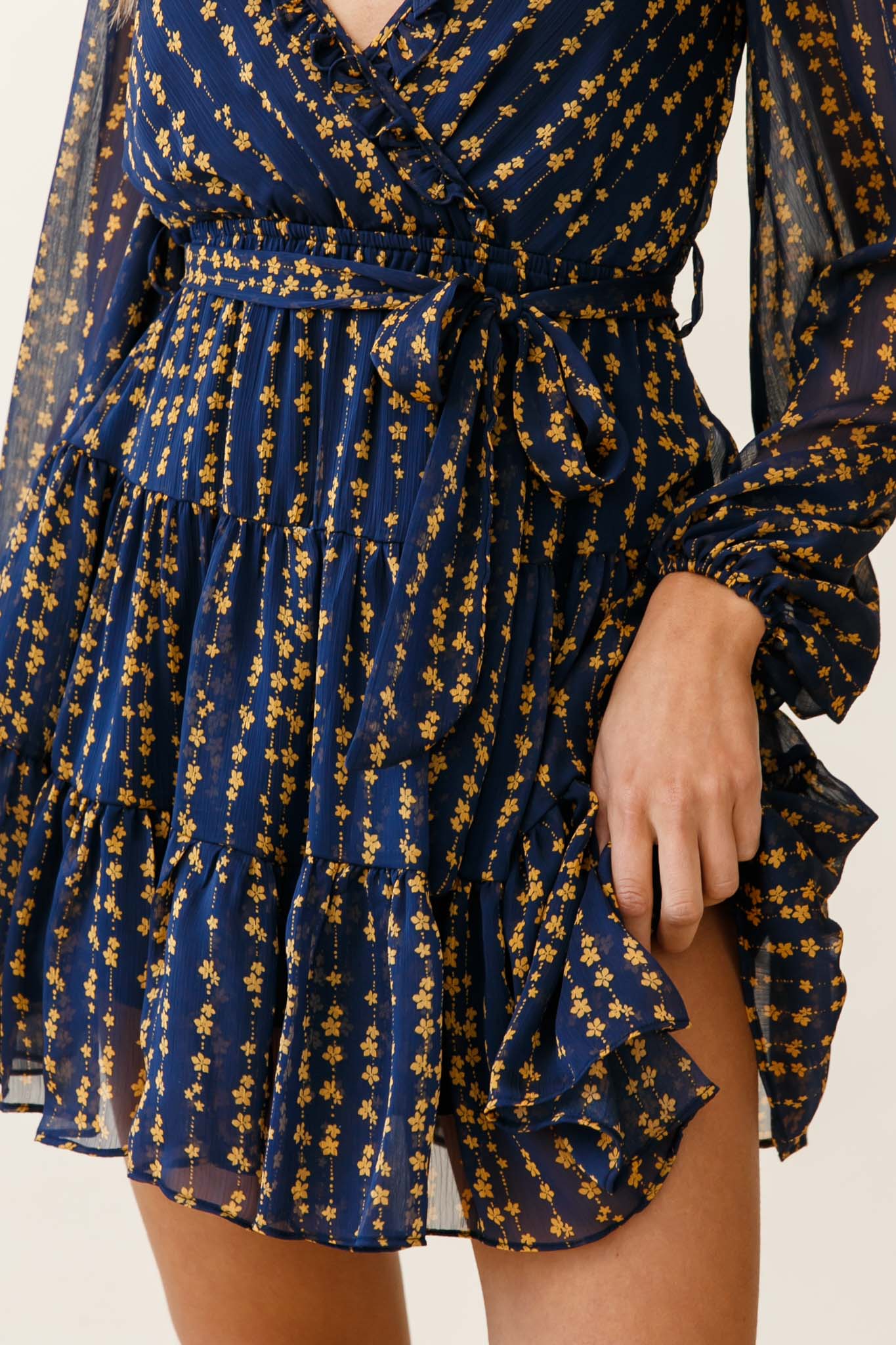 Floating On Clouds Long Sleeve Frill Trim Dress Floral Print Navy