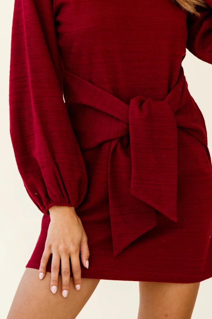 Rapt Waist Tie Balloon Sleeve Knit Dress Wine