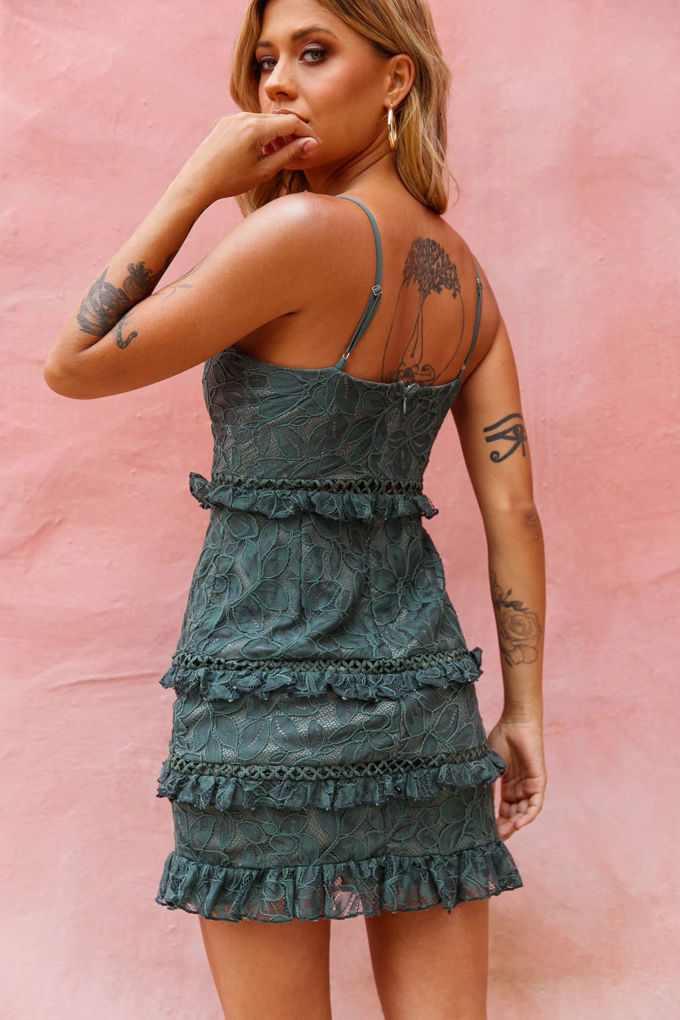 Dear Lover Cami Strap Frill Detail Lace Dress Green