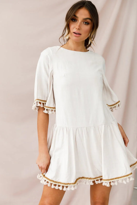 Donna Dropped Waist Tassel Dress Beige