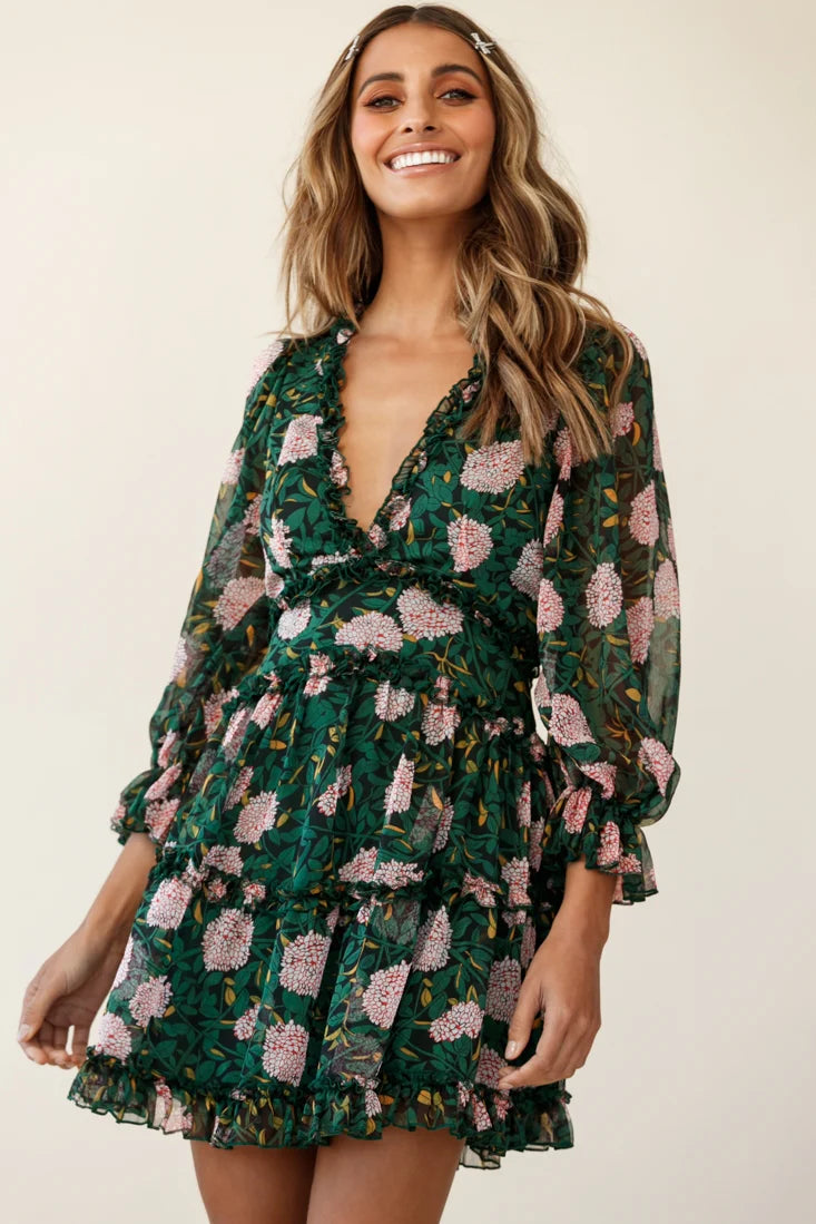 Laney Cutout Back Ruffle Trim Dress Floral Print Green