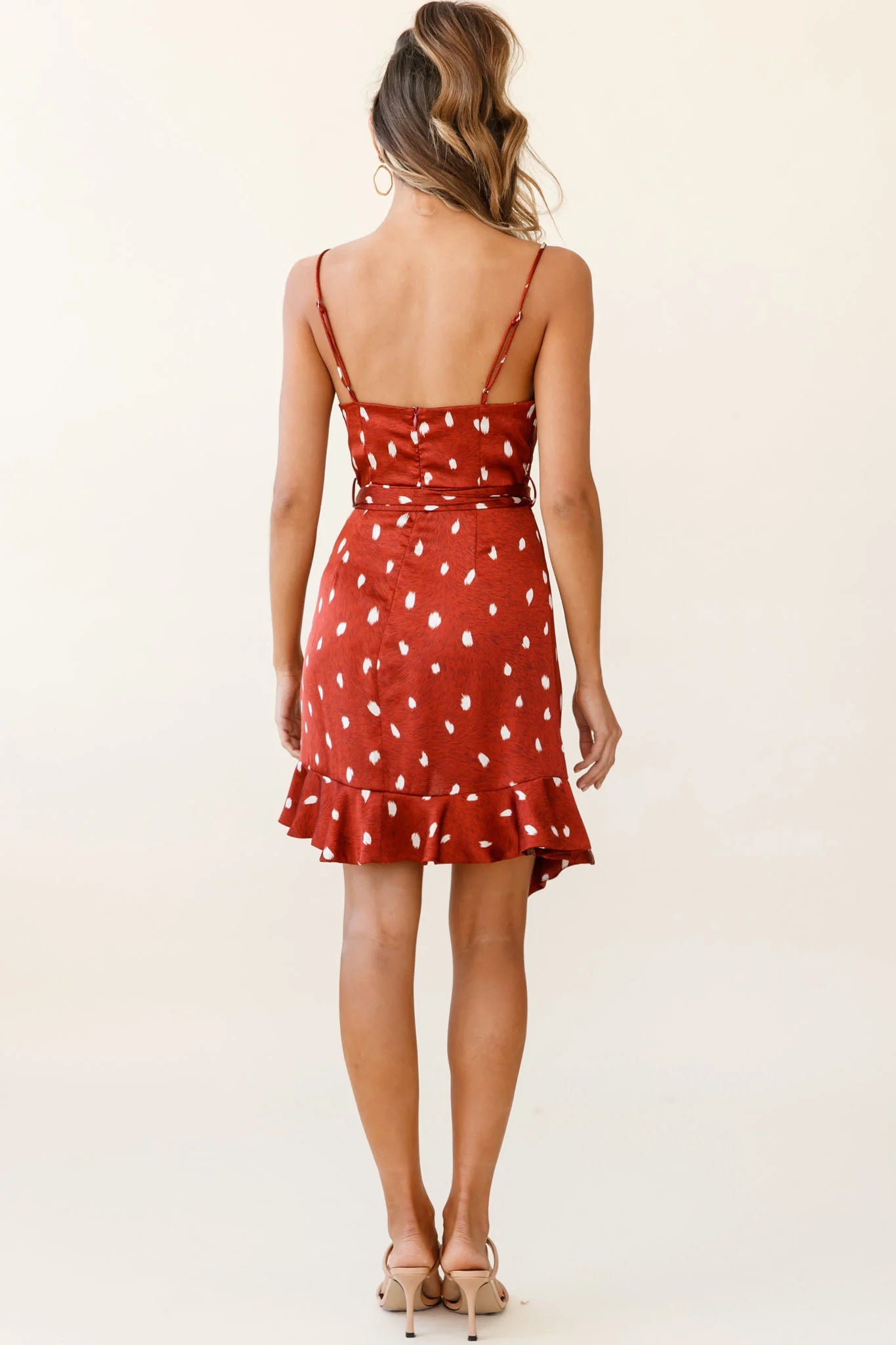 On The Prowl Cowl Neck Asymmetrical Hem Dress Spot Print Rust