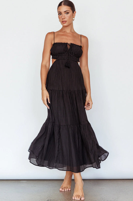Eyona Cut-Out Waist Tie Maxi Dress Black