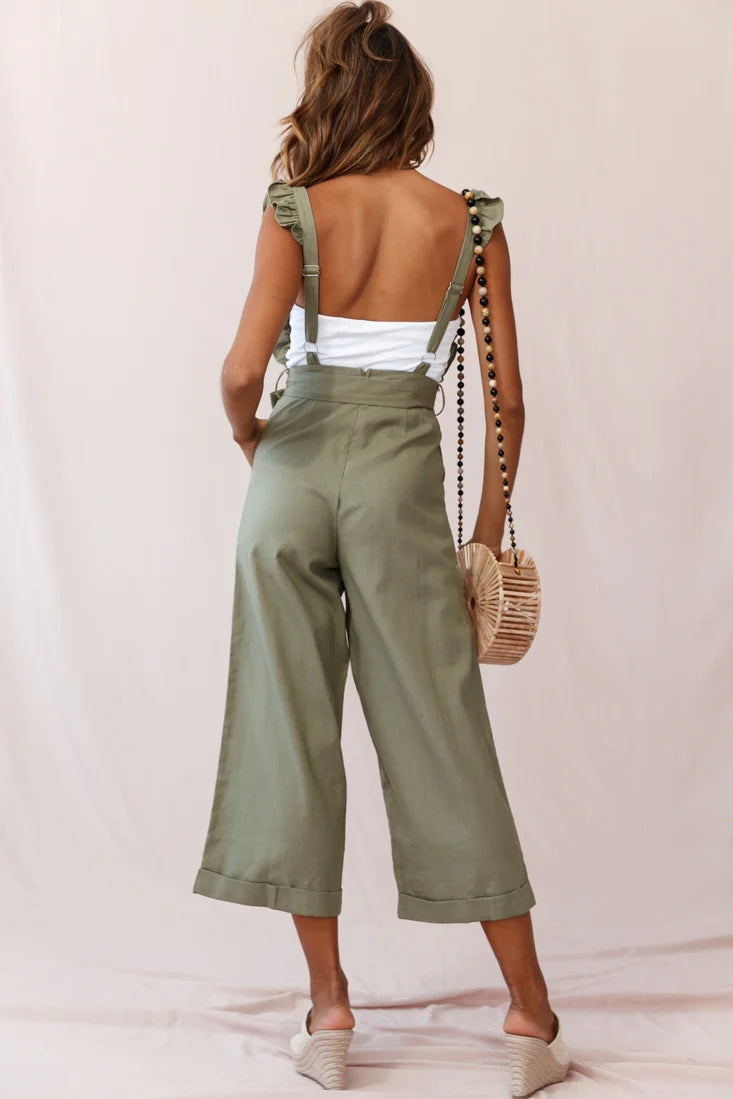 Serenade Ruffle Strap Pinafore Jumpsuit Olive
