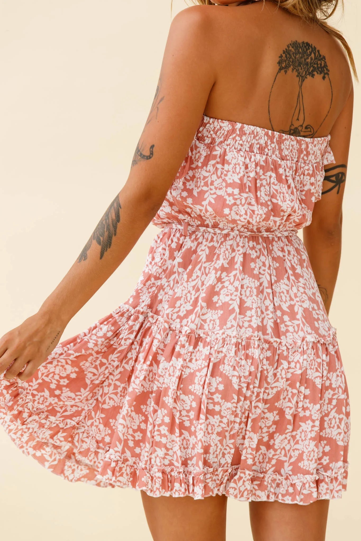 Raquel Strapless Layered Dress Floral Print Blush