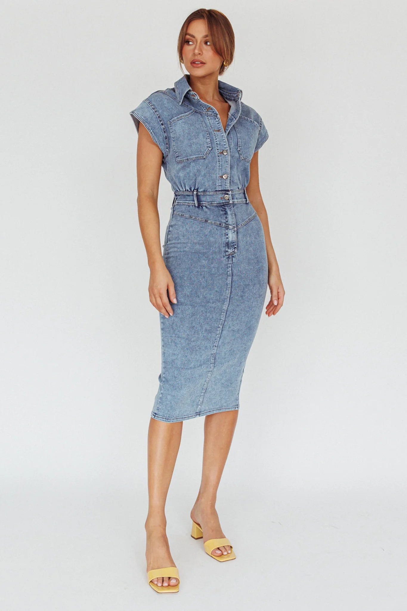 New Day Short Sleeve Button-Up Midi Dress Denim
