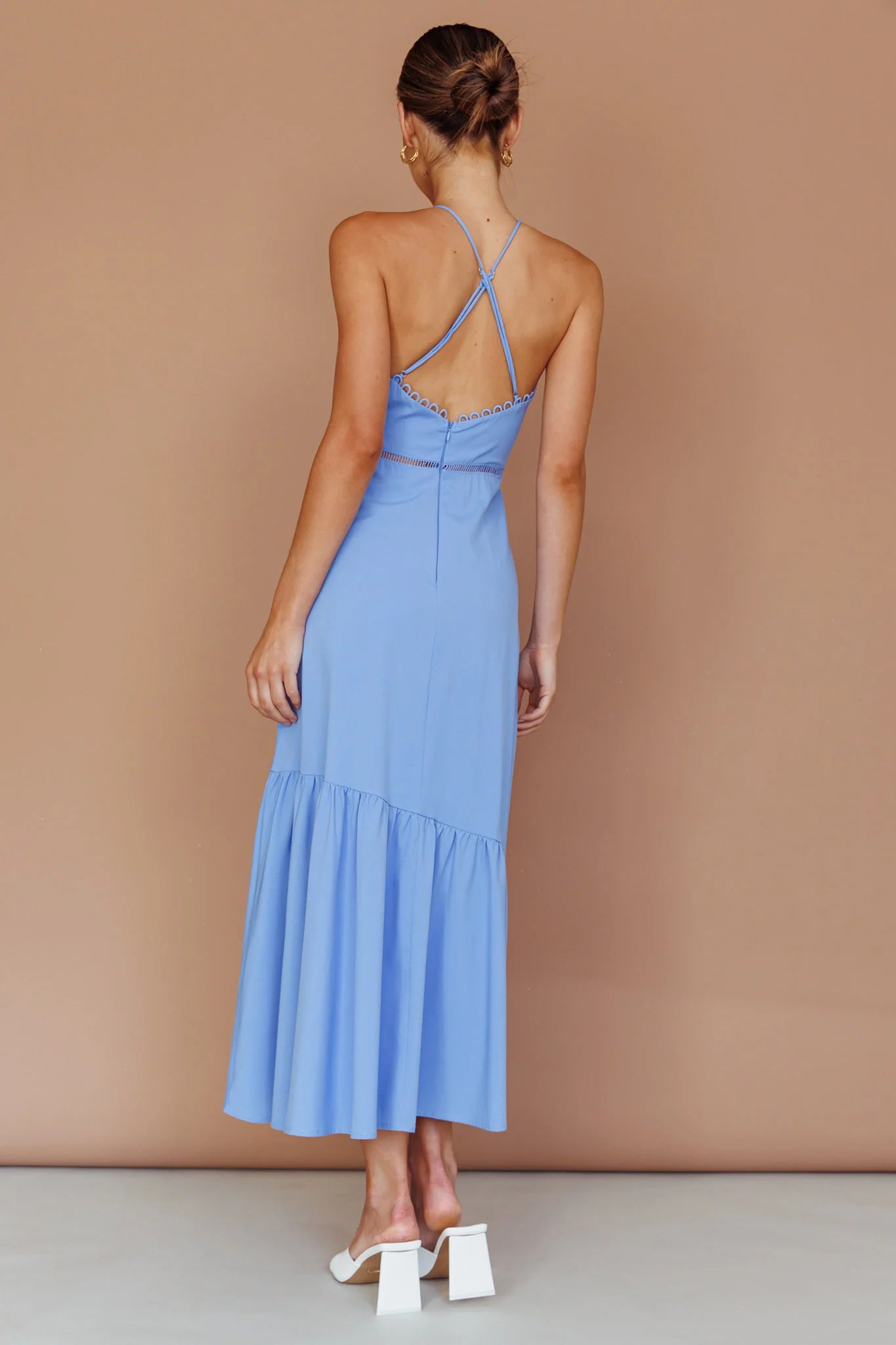 Felini Criss-Cross Back Flounce Midi Dress Blue