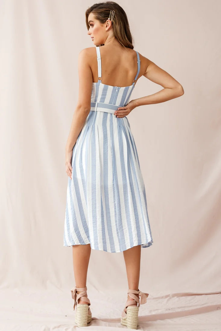 Crystal Tied Knot Belt Midi Dress Stripe Print Blue