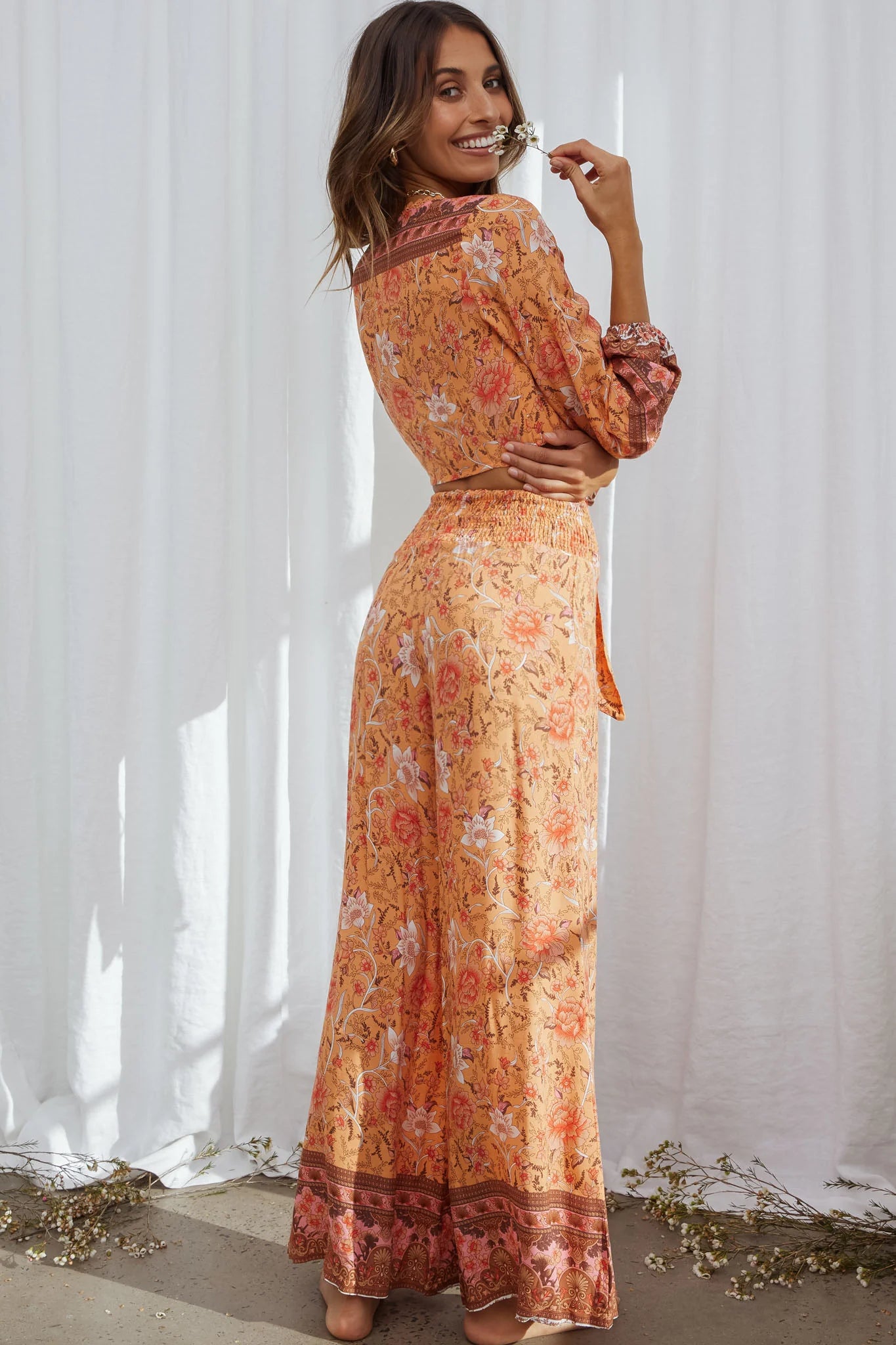 Novo Long Sleeve Tied Front Crop Top Bohemian Print Orange