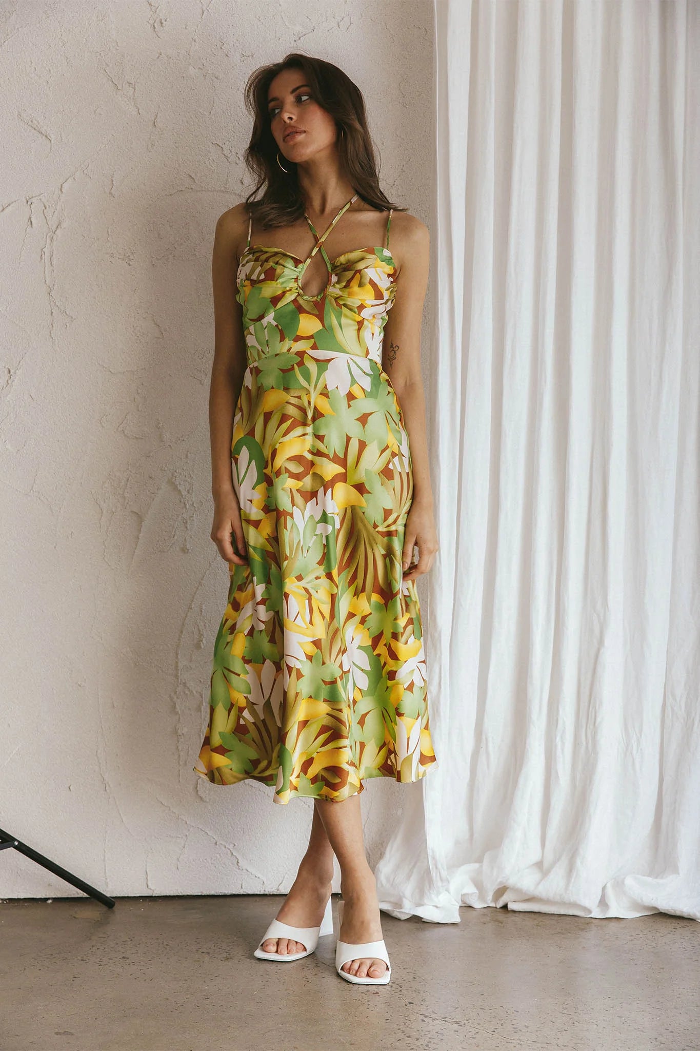 Emmalie Satin Midi Dress Floral Green