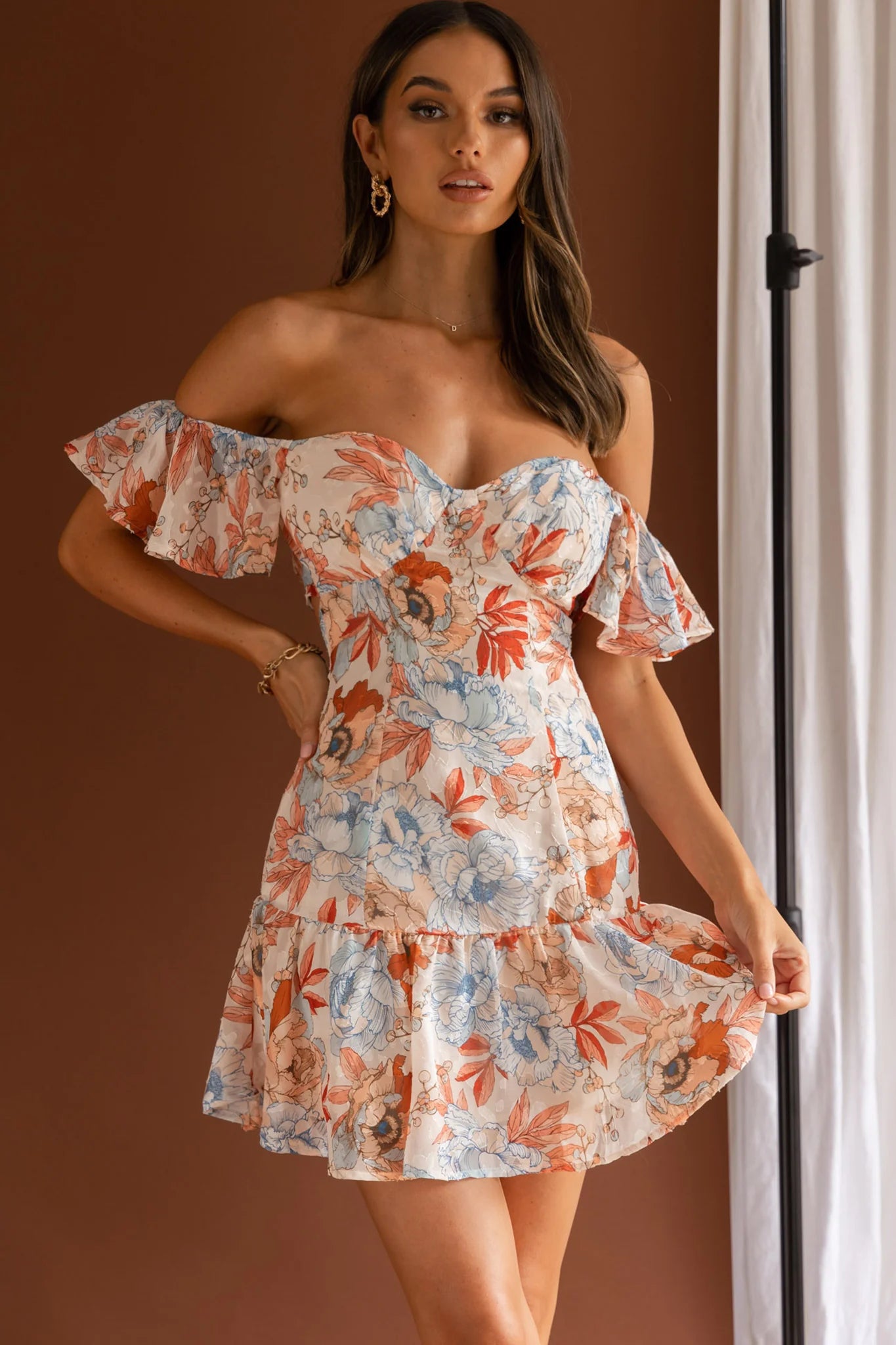 Park Avenue Flutter Sleeve Mini Dress Floral Peach
