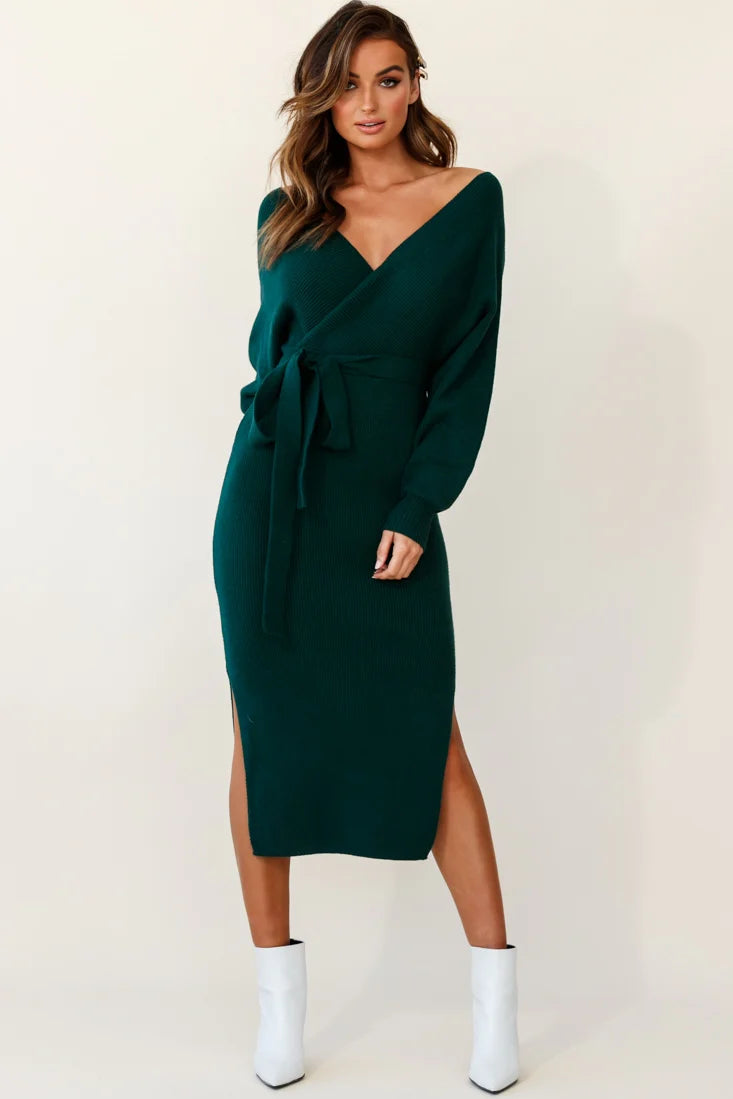 Cameo Batwing Knit Midi Dress Forest Green