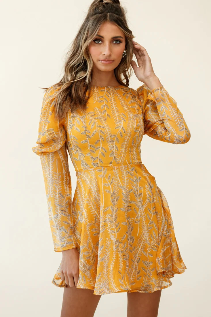 Ola Mutton Sleeve Lace-Up Back Dress Vine Print Mustard