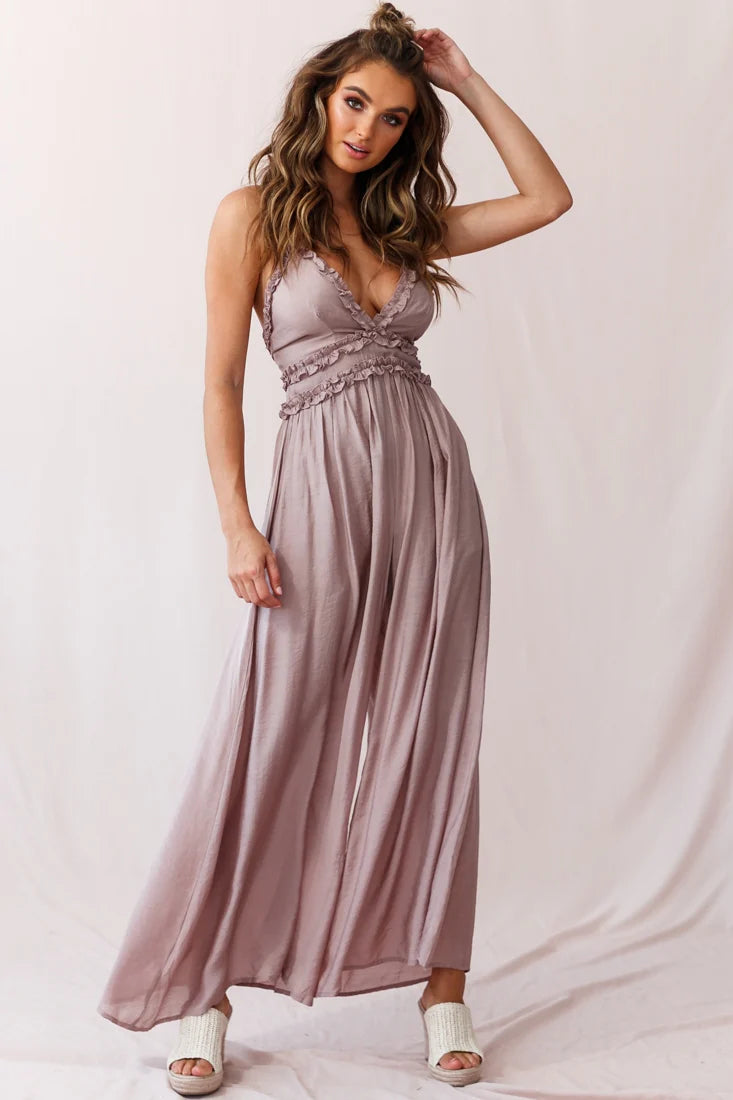 Laney Wide Leg Ruffle Detail Jumpsuit Mocha