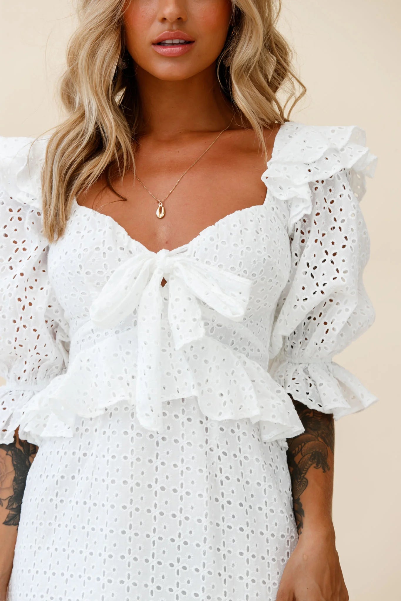 Say That Again Bust Tie Ruffle Trim Dress White