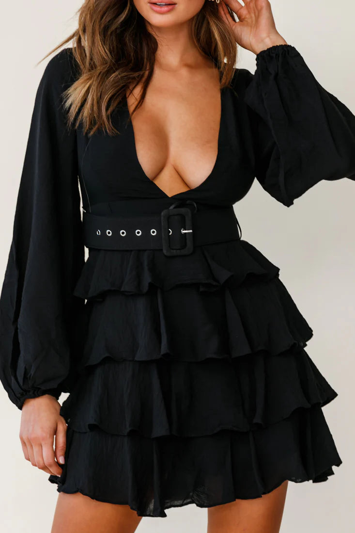 Queensland Balloon Sleeve Tiered Frill Belt Dress Black