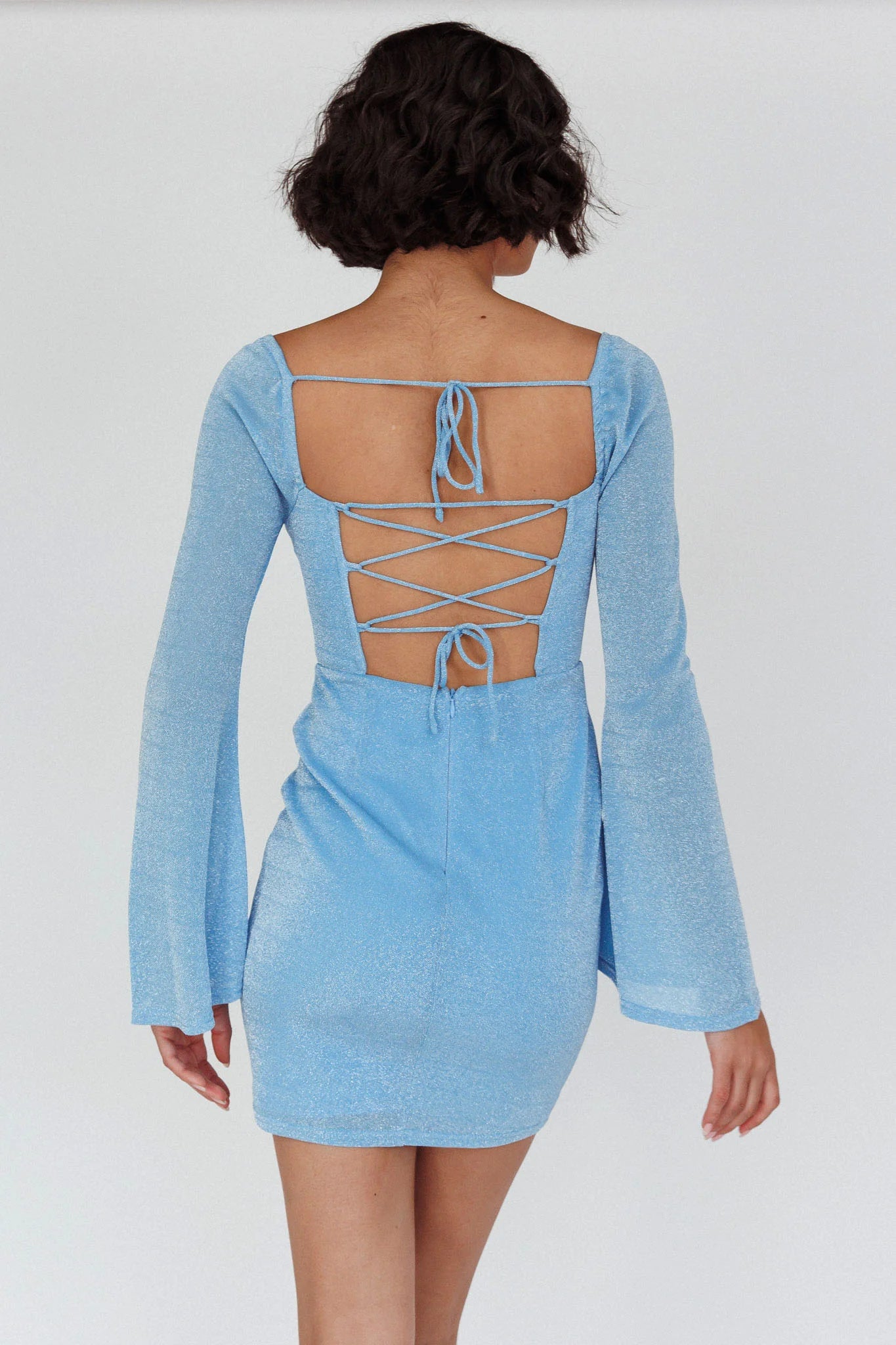 Dreaming Of Rome Laced Back Mini Dress Sparkle Blue
