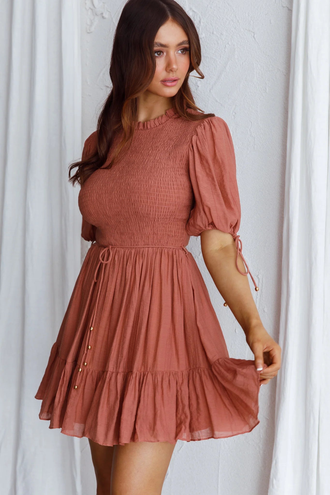 Secret Garden Puff Sleeve Smocked Bodice Dress Mocha