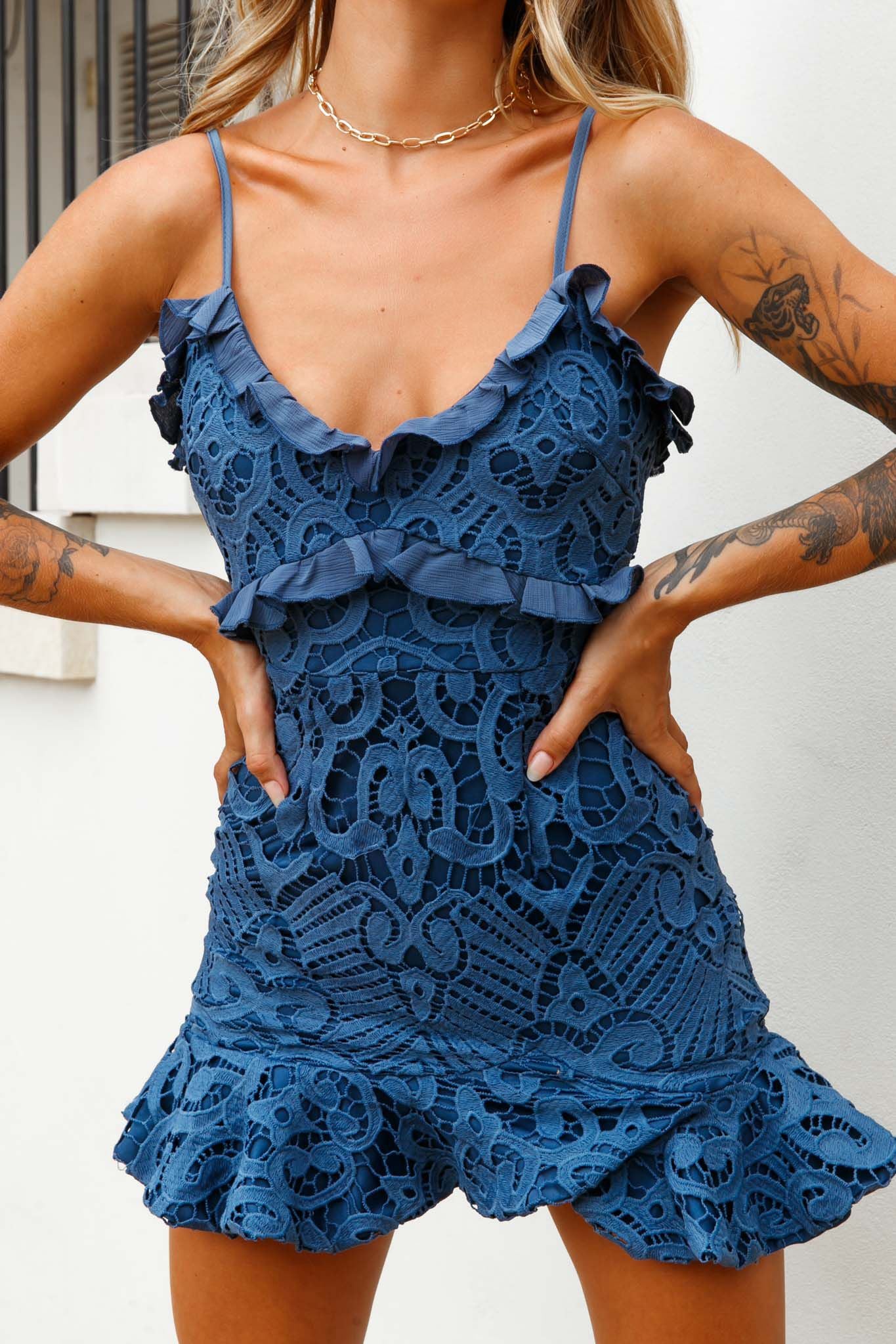 Shakeera Frill Trim Lace Mini Dress Midnight Blue