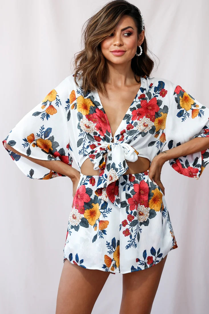 Rivera Tie-Knot Bell Sleeve Romper White
