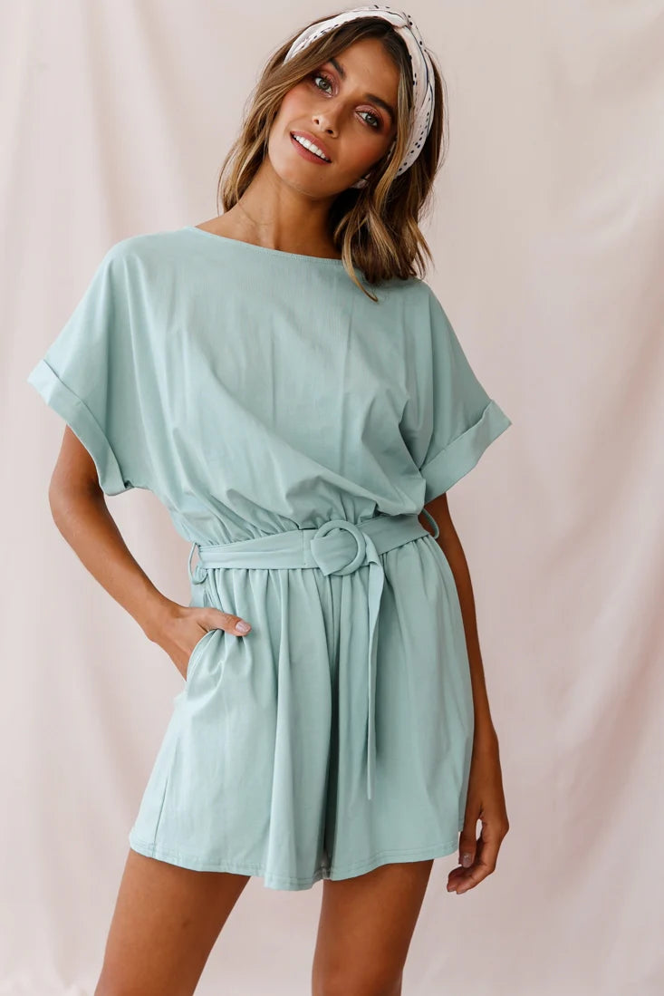 Chelsea Belted T-Shirt Romper Sage
