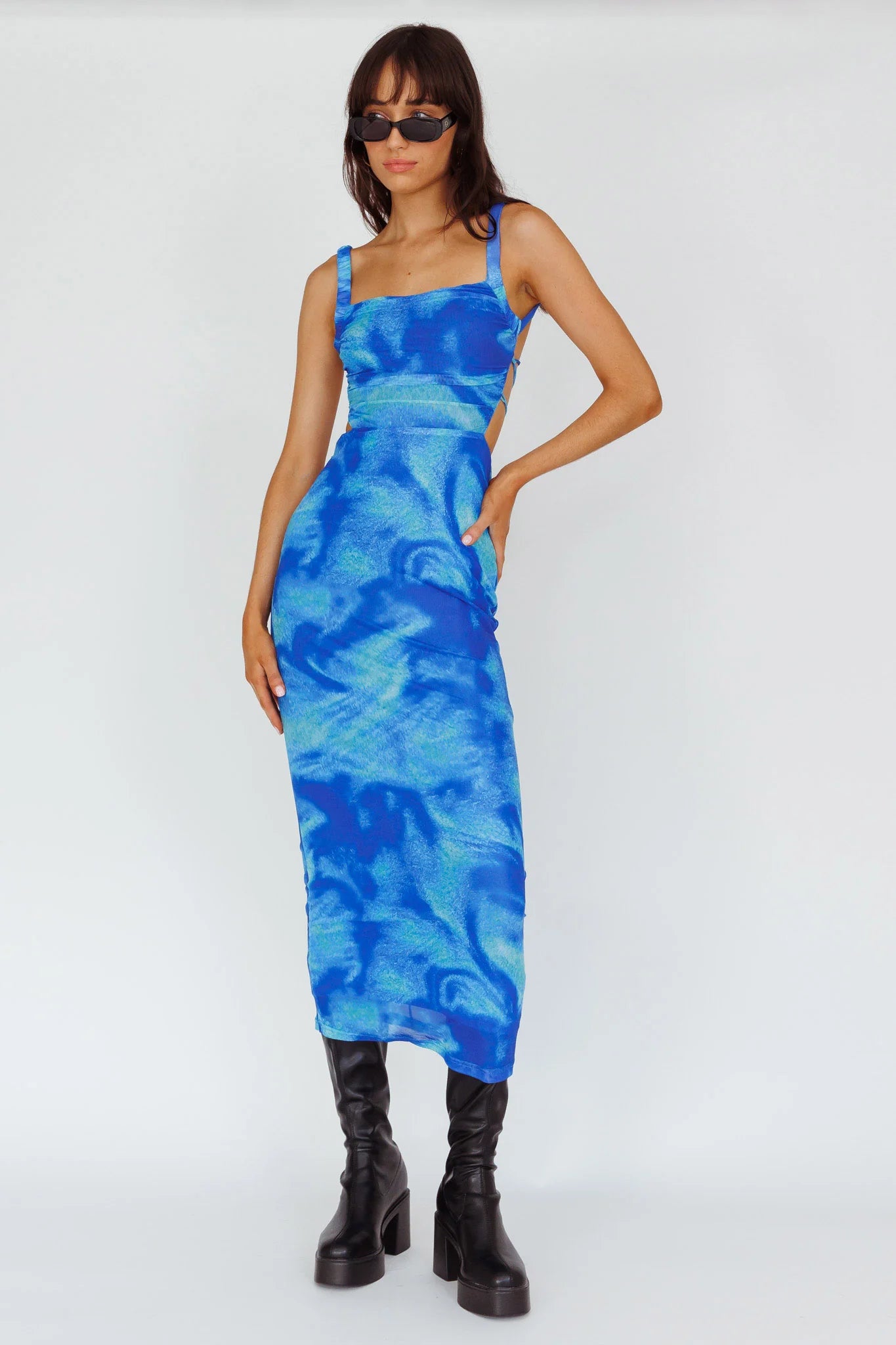 Dream Crush Lace-Up Back Side Split Maxi Dress Swirl Blue