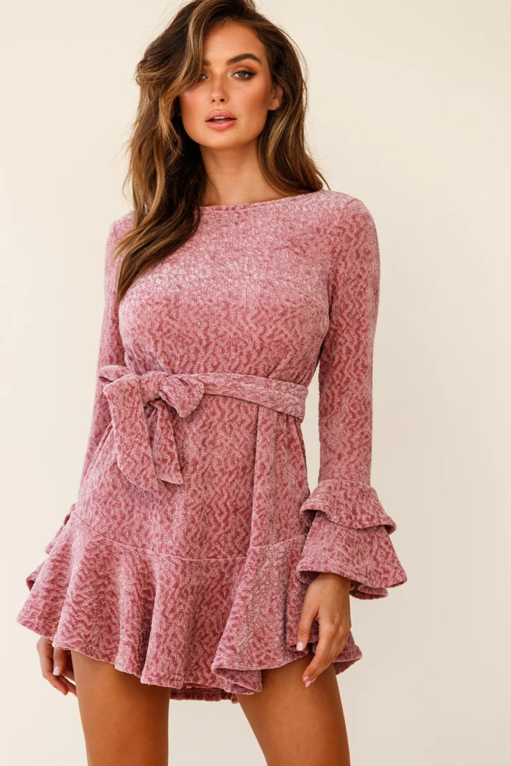 Saphira Long Sleeve Fluted Hem Knit Dress Blush