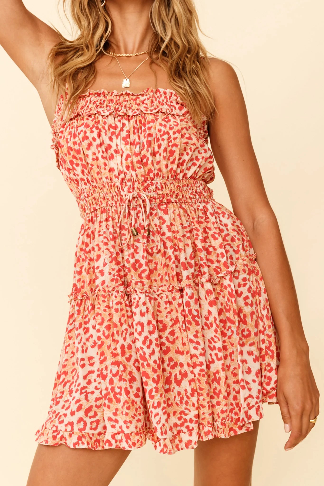 Weekend Escape Cami Strap Drawstring Dress Animal Print Orange