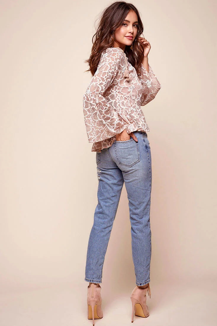 Neiah Sheer Lace Bell Sleeved Top Mocha