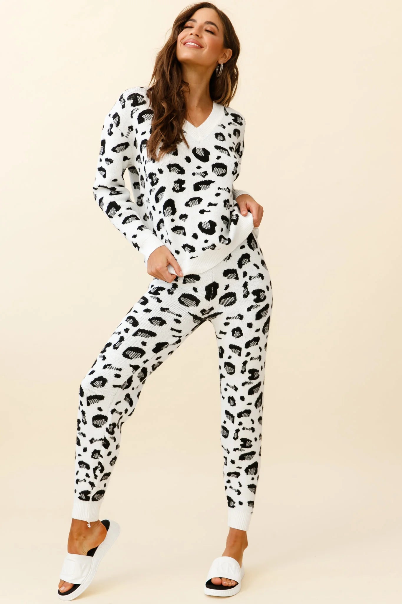 Chase The Moon V-Neck Sweater & Pants Set White Leopard Print