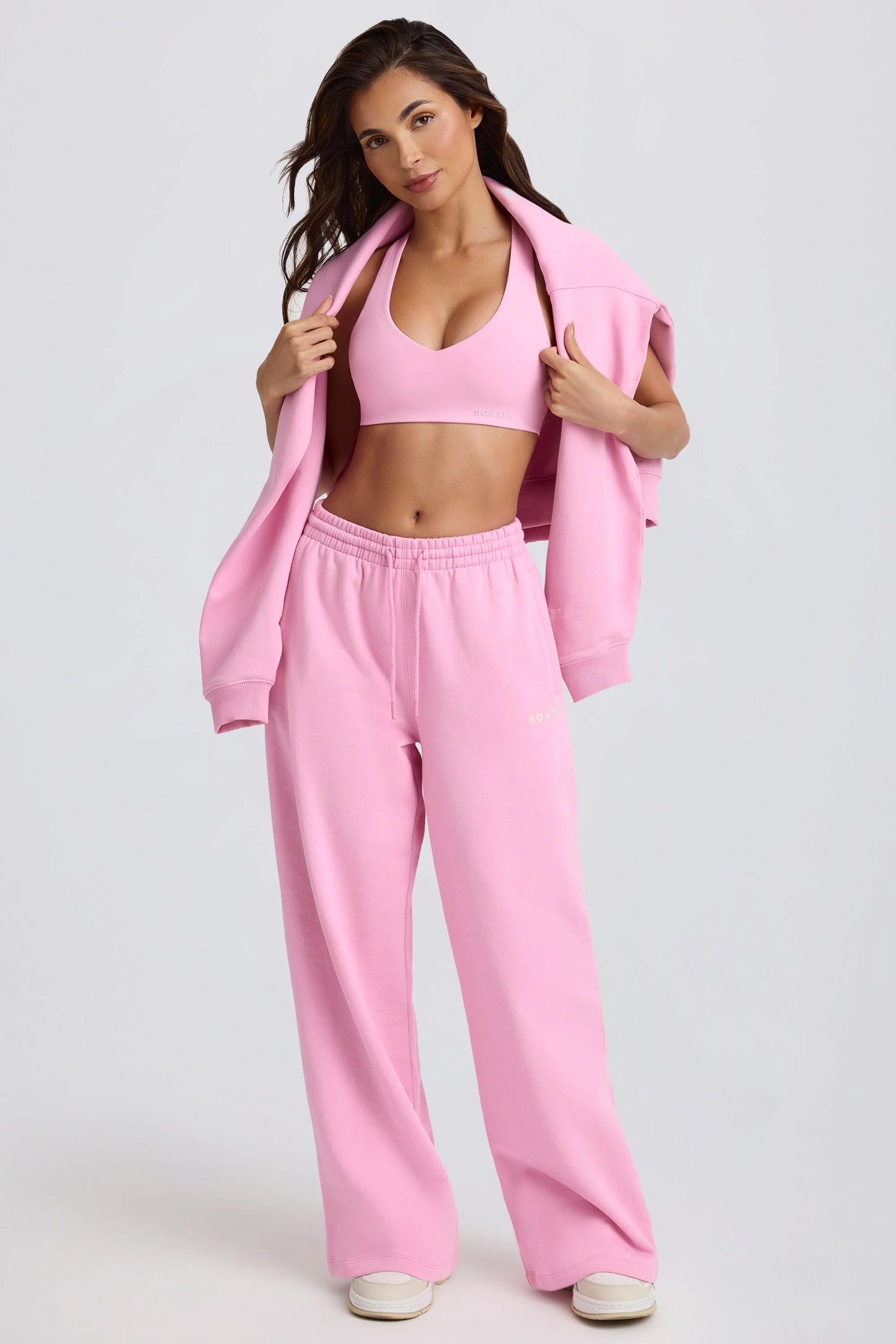Soft Cotton Jersey Mid-Rise Wide-Leg Joggers in Baby Pink