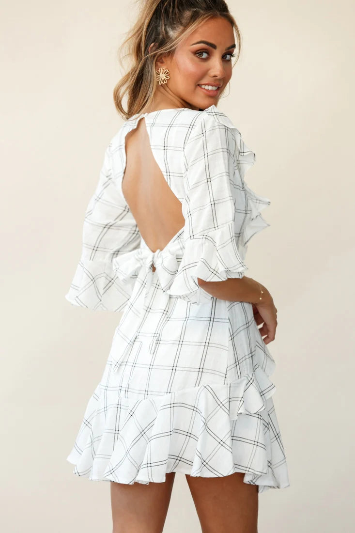 Ondina Ruffle Trimmed Keyhole Back Dress Check Print White