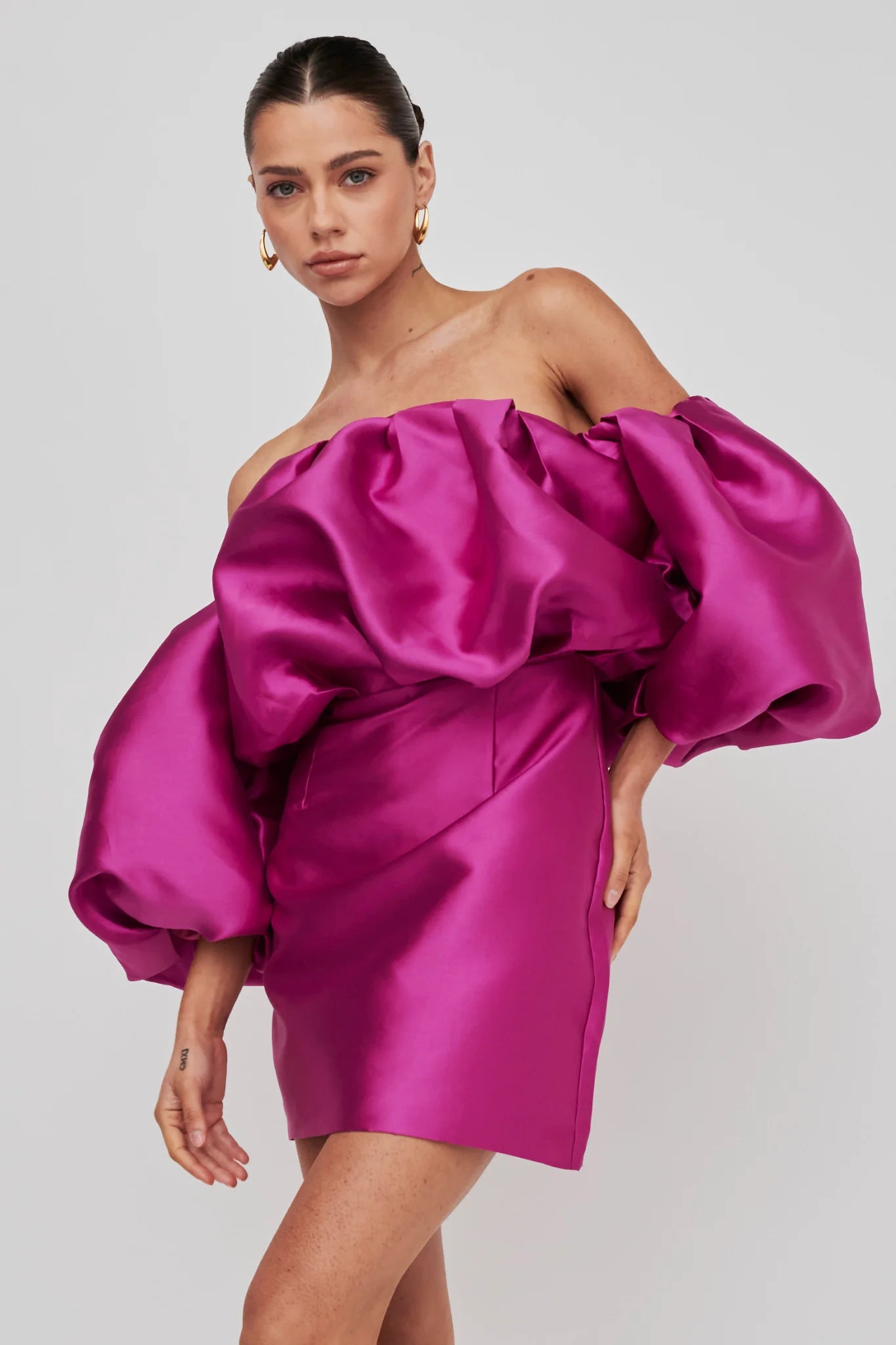 Dream Time Puffed Neckline Mini Dress Magenta