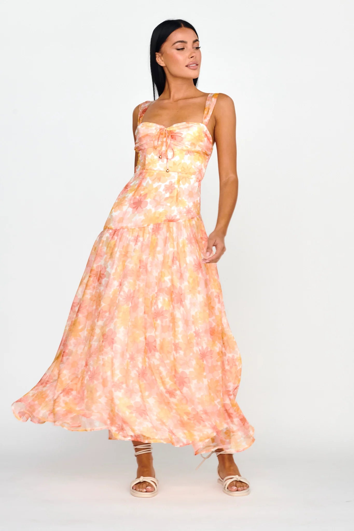 Nichola Ruched Bust Midi Dress Floral Orange