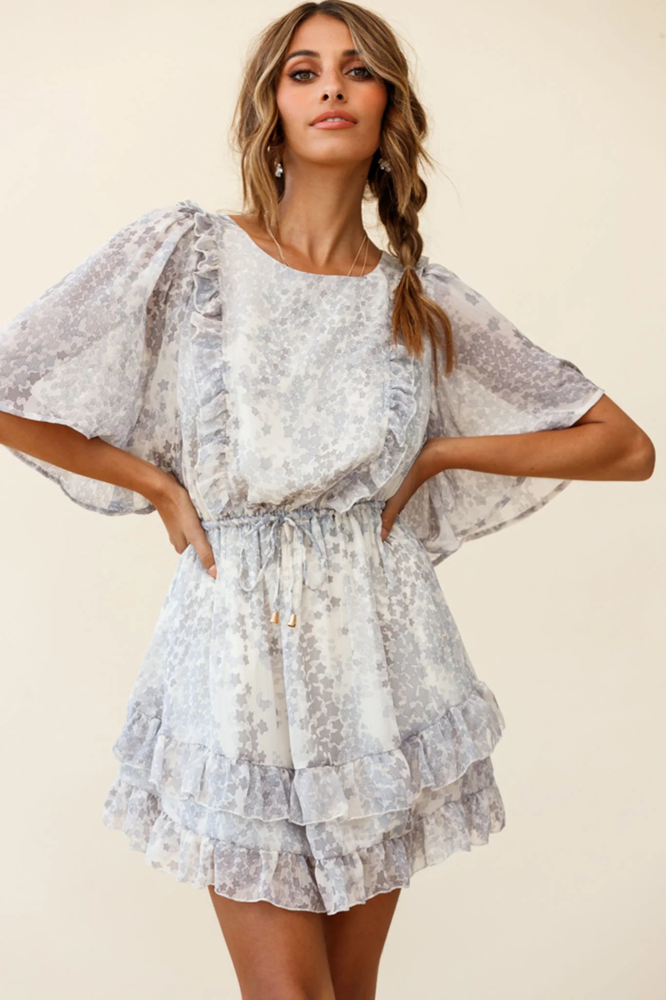 Stars Aligned Angel Sleeve Drawstring Waist Dress Star Print Grey