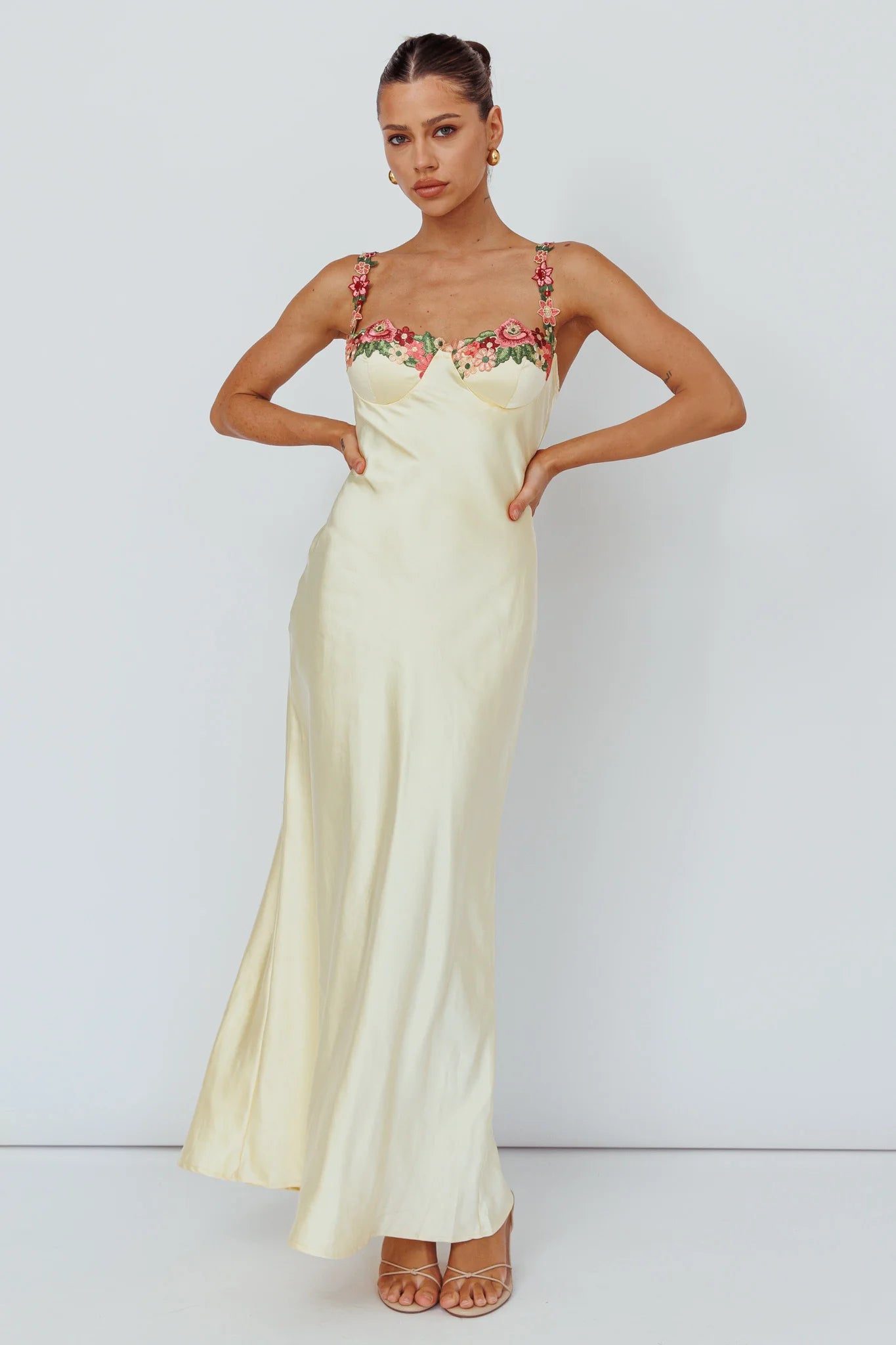Rose Garden Floral Applique Midi Dress Yellow