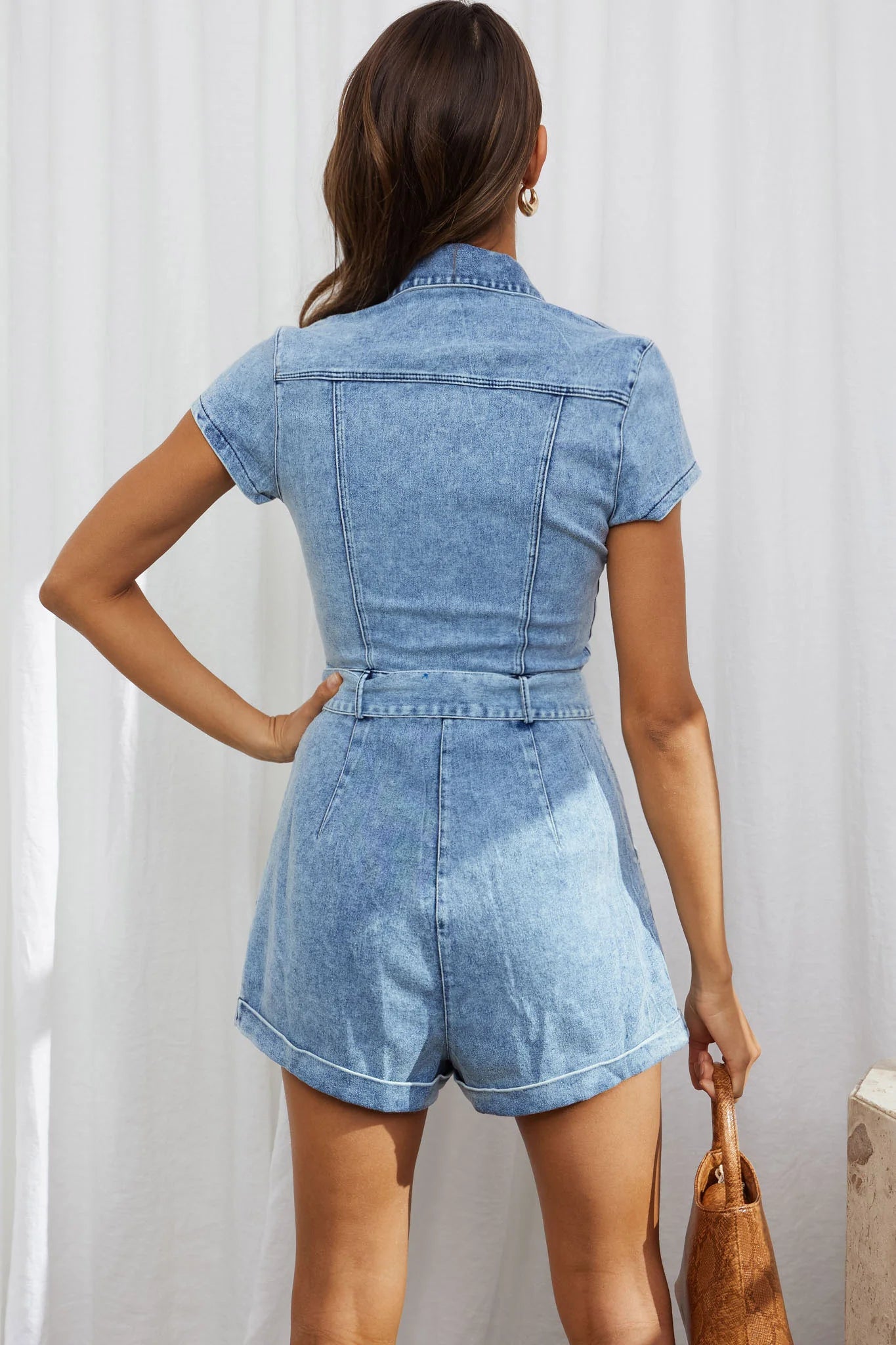 California Girl Short Sleeve Waist Tie Romper Denim Blue