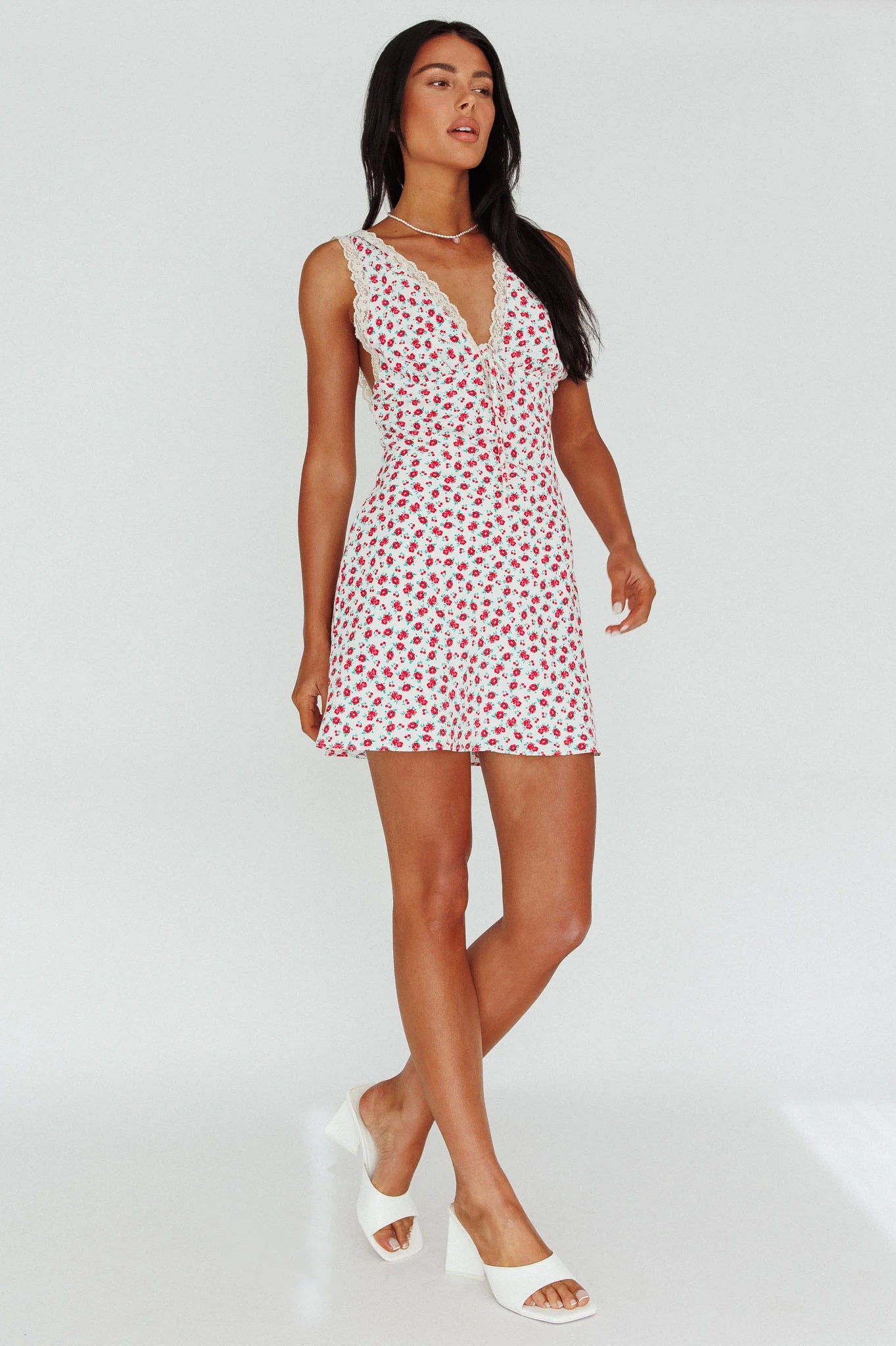 Vigo Lace Trim Sundress Floral White