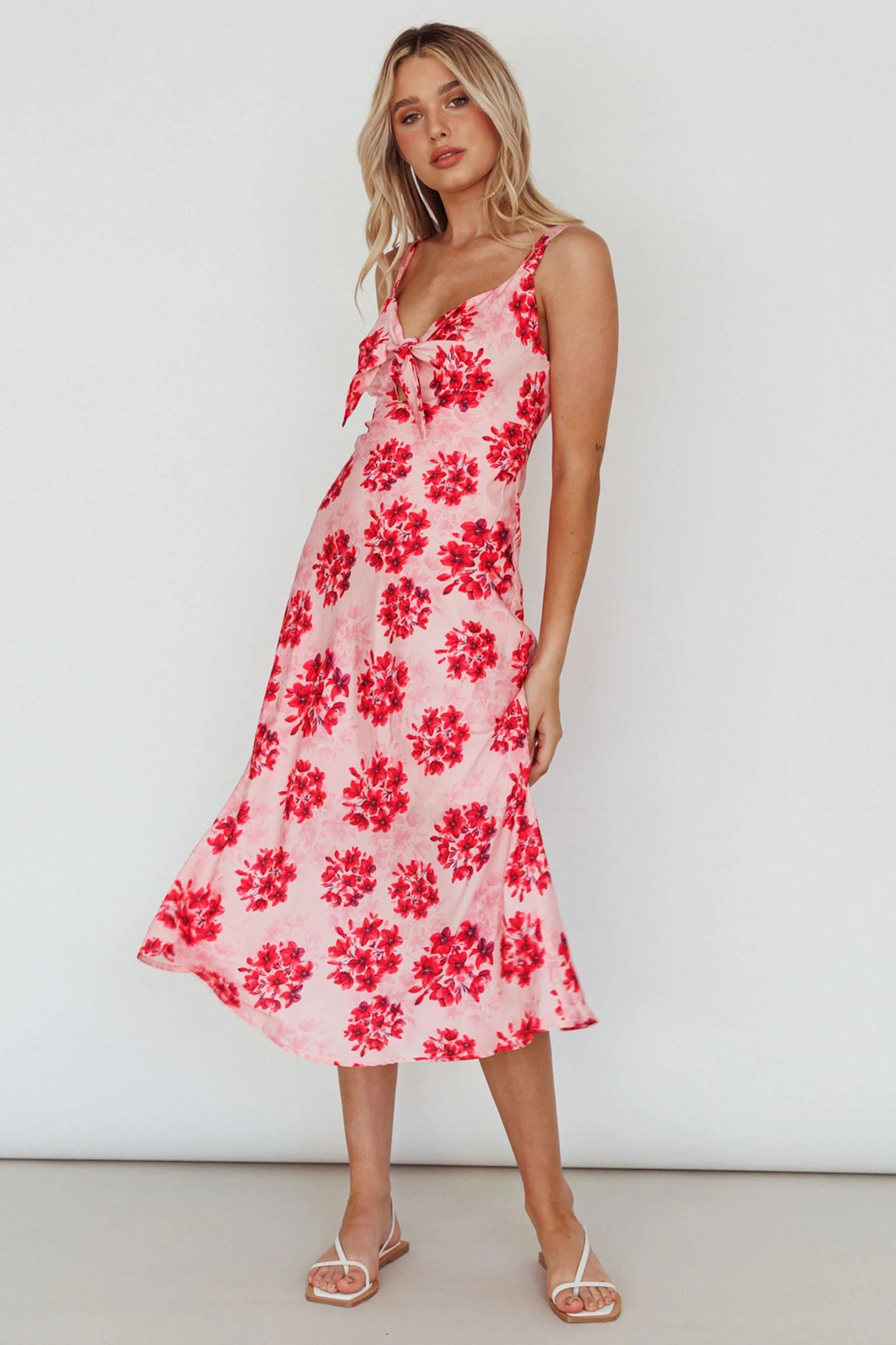 Starry Night Bust-Tie Midi Dress Floral Pink