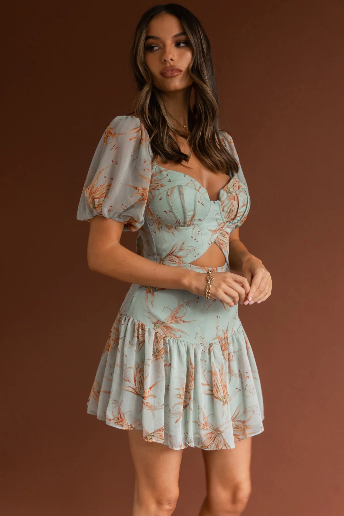 Devoted Structured Bust Puff Sleeve Dress Lily Print Pistachio