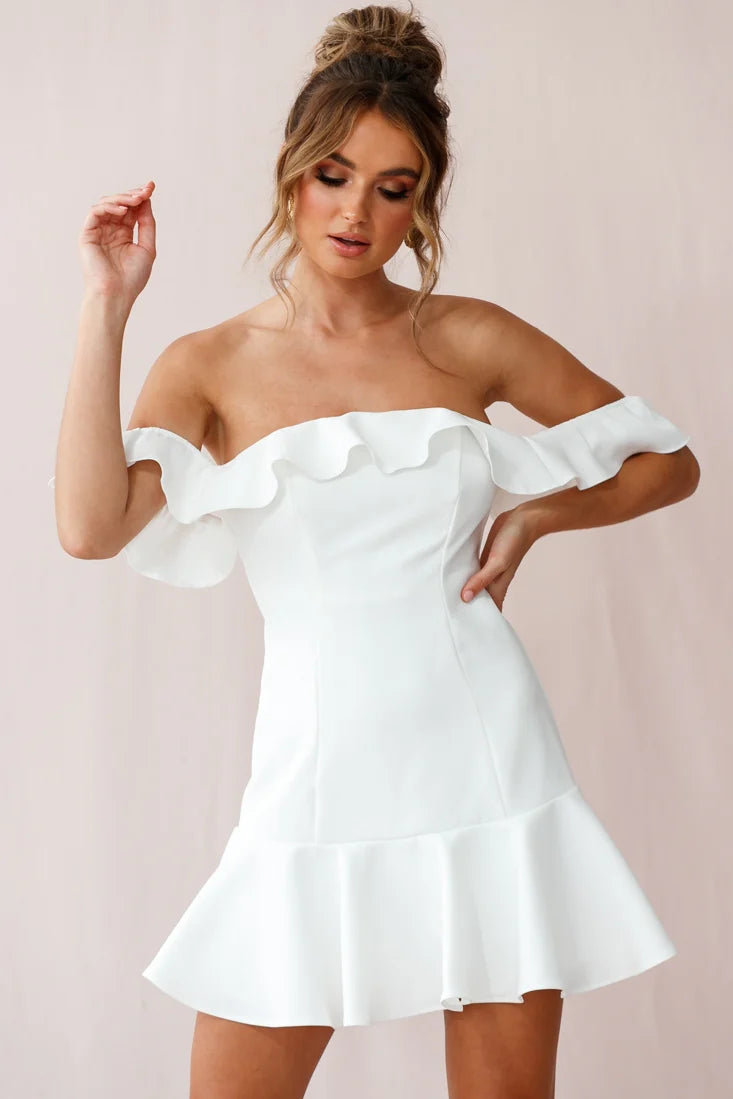 Ondine Bardot Neckline Fluted Hem Dress White