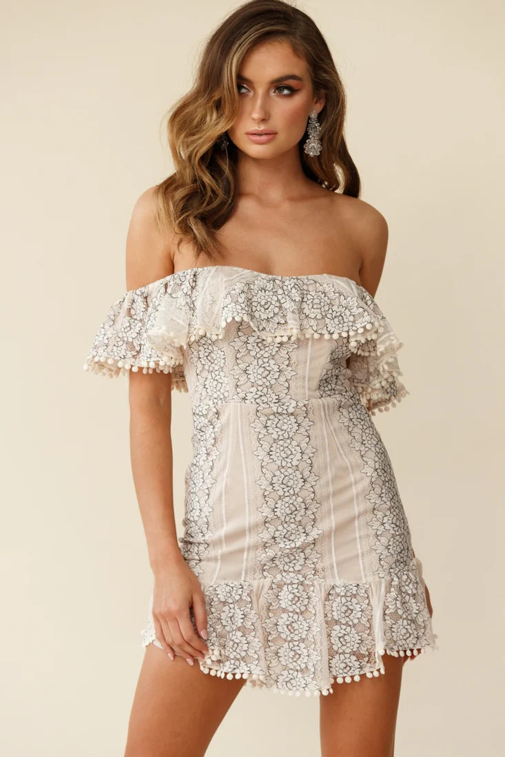 Marmont Off Shoulder Floral Lace Detail Dress Nude