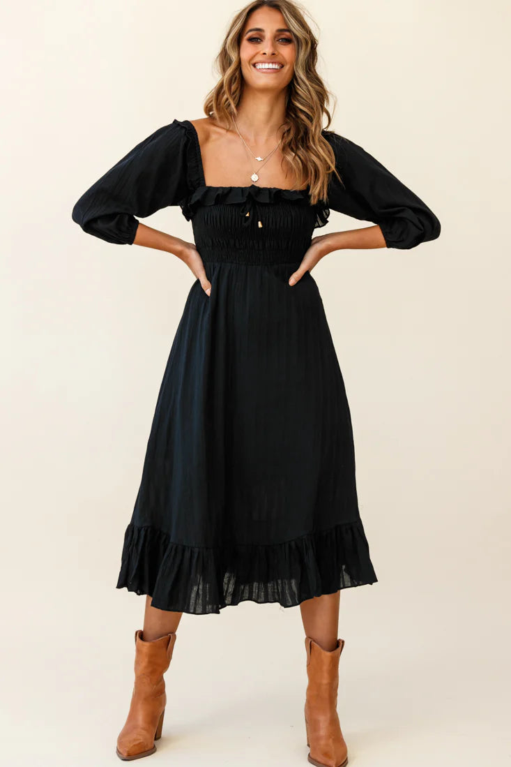 Flynn Off-Shoulder Shirred Bust Midi Dress Black